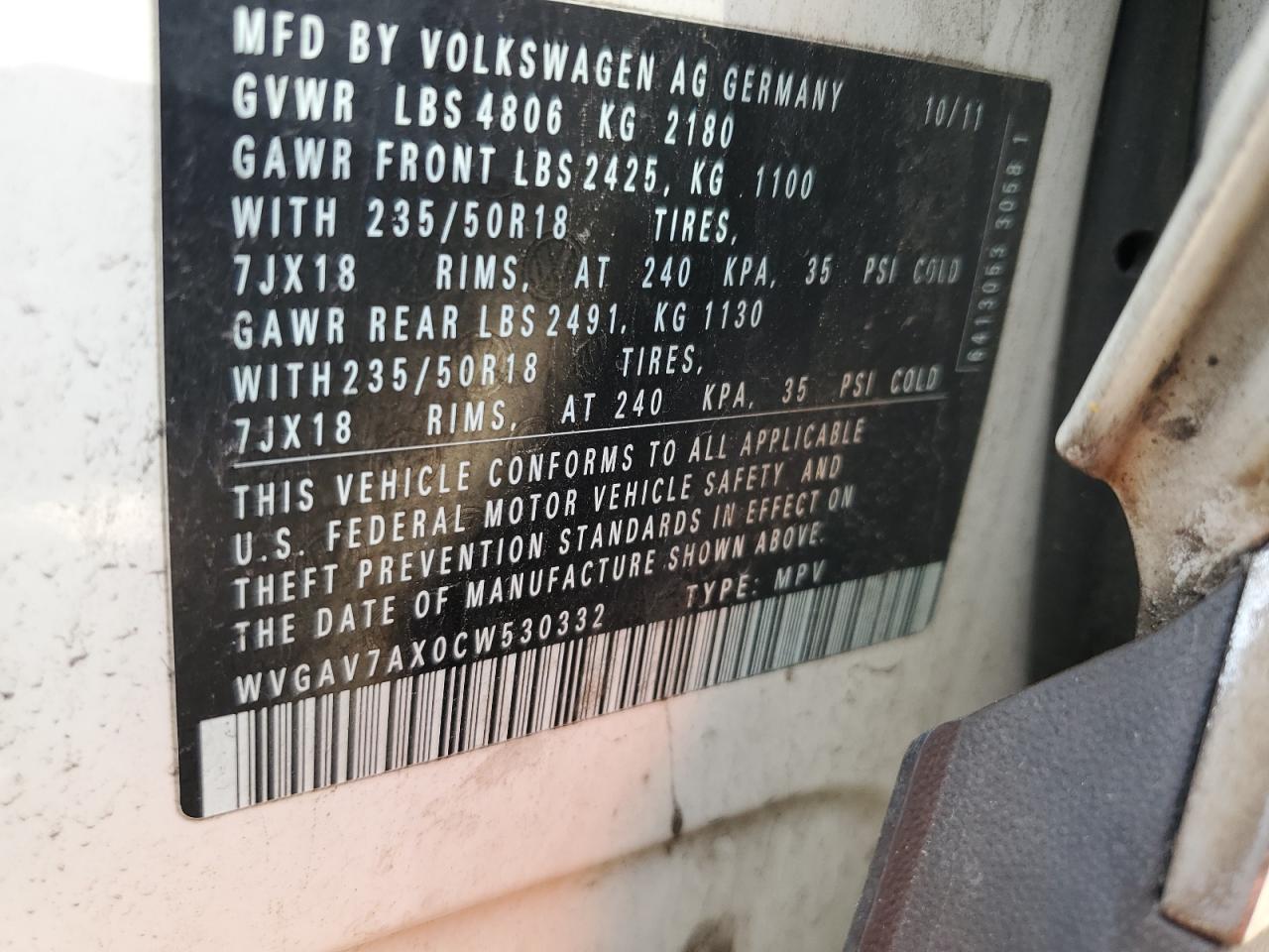 2012 Volkswagen Tiguan S VIN: WVGAV7AX0CW530332 Lot: 63811955