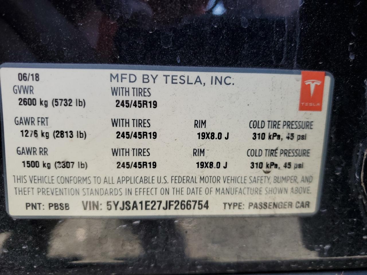 2018 Tesla Model S VIN: 5YJSA1E27JF266754 Lot: 65561125