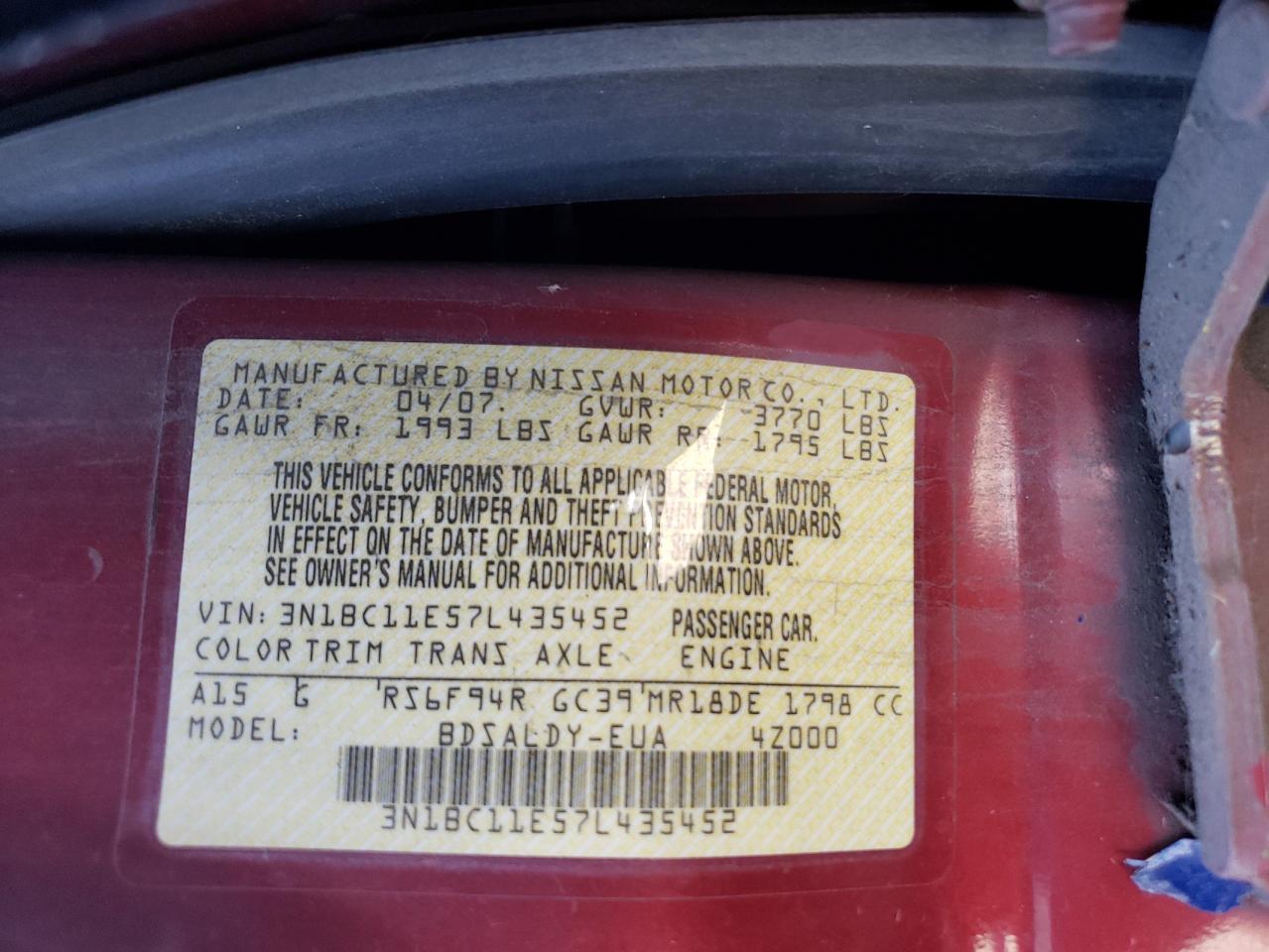 2007 Nissan Versa S VIN: 3N1BC11E57L435452 Lot: 63576635