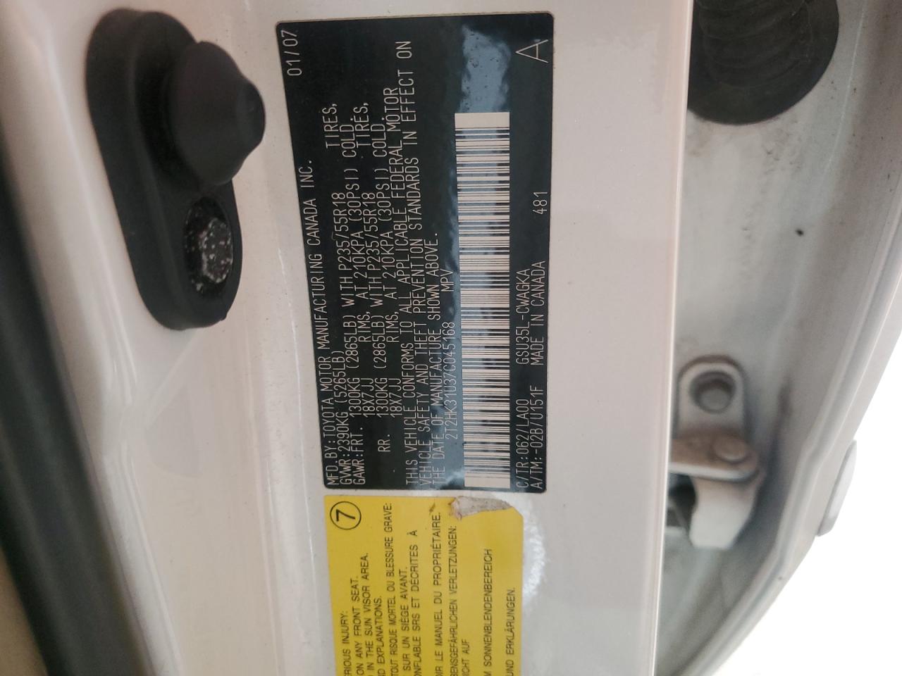 2007 Lexus Rx 350 VIN: 2T2HK31U37C045168 Lot: 63598195