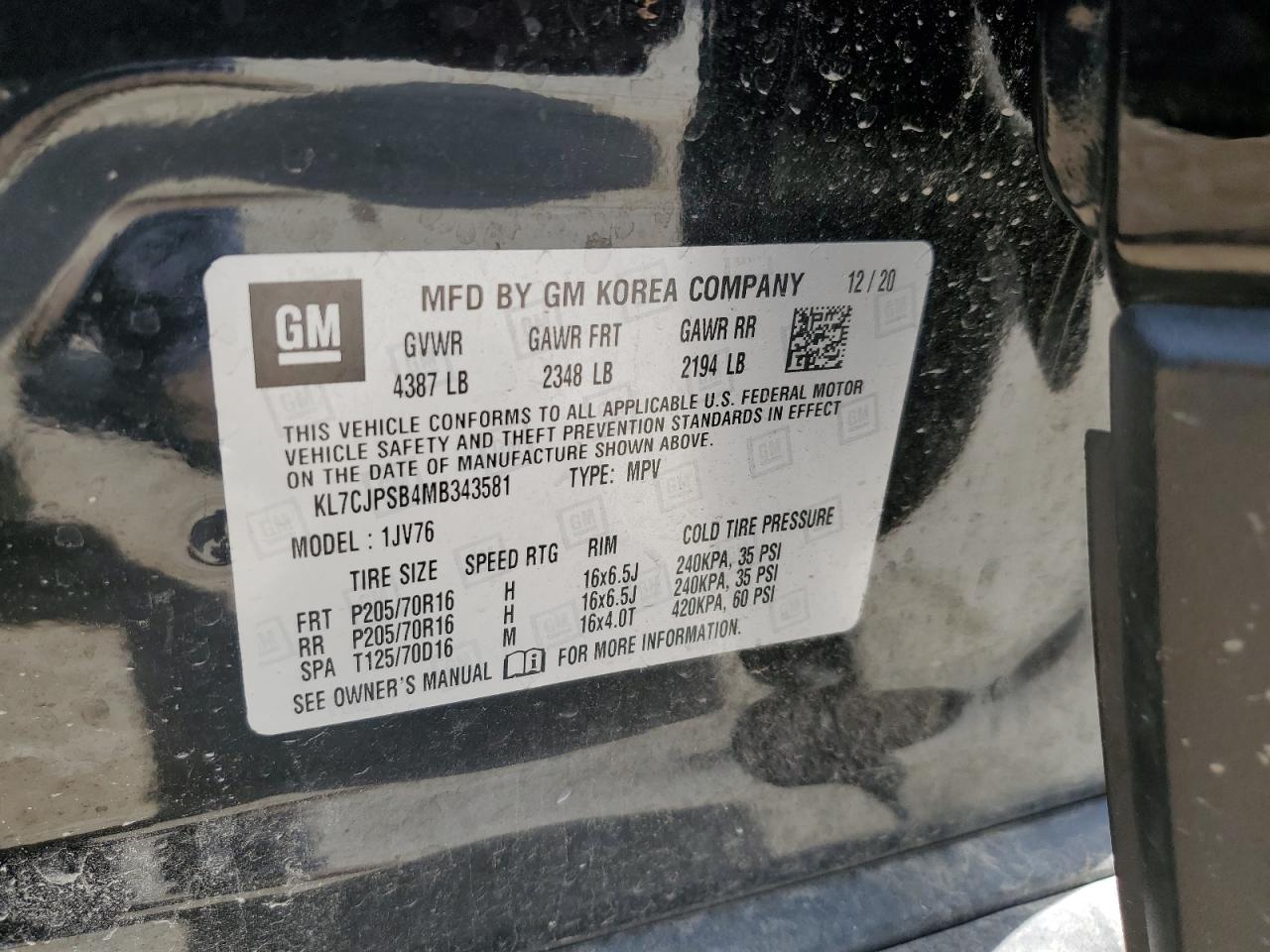 2021 Chevrolet Trax 1Lt VIN: KL7CJPSB4MB343581 Lot: 63221585