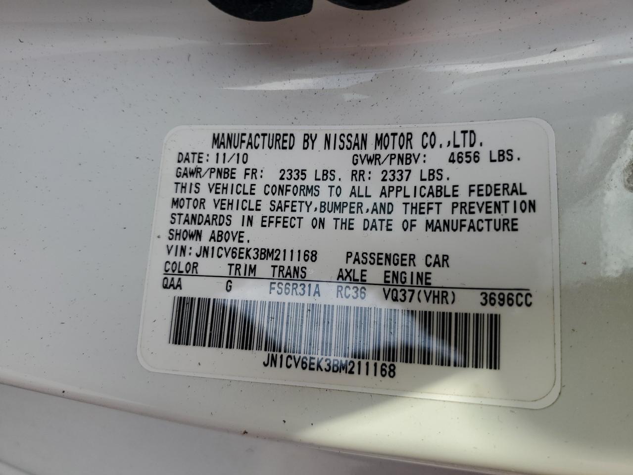 2011 Infiniti G37 Base VIN: JN1CV6EK3BM211168 Lot: 62590845