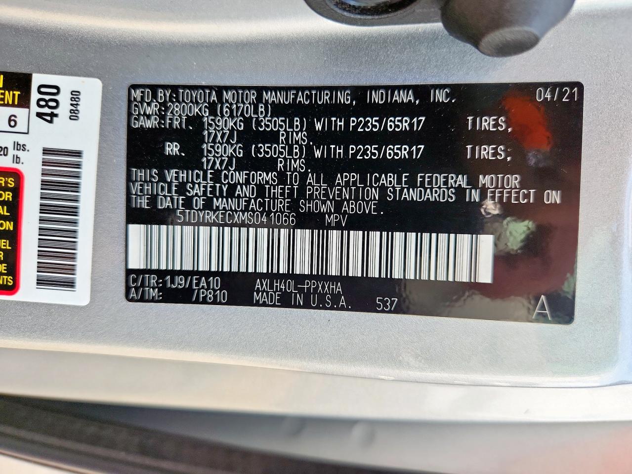 2021 Toyota Sienna Xle VIN: 5TDYRKECXMS041066 Lot: 64996125