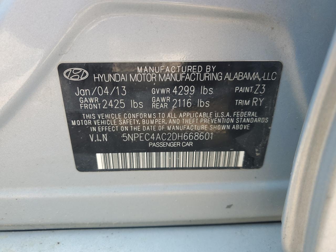 2013 Hyundai Sonata Se VIN: 5NPEC4AC2DH668601 Lot: 63607455