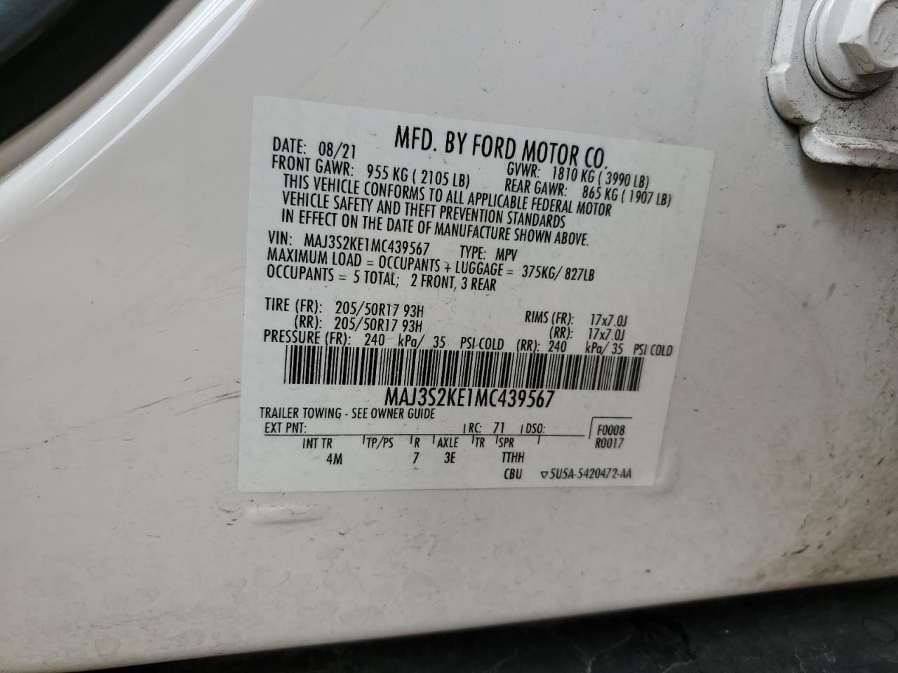 2021 Ford Ecosport Titanium VIN: MAJ3S2KE1MC439567 Lot: 65149225
