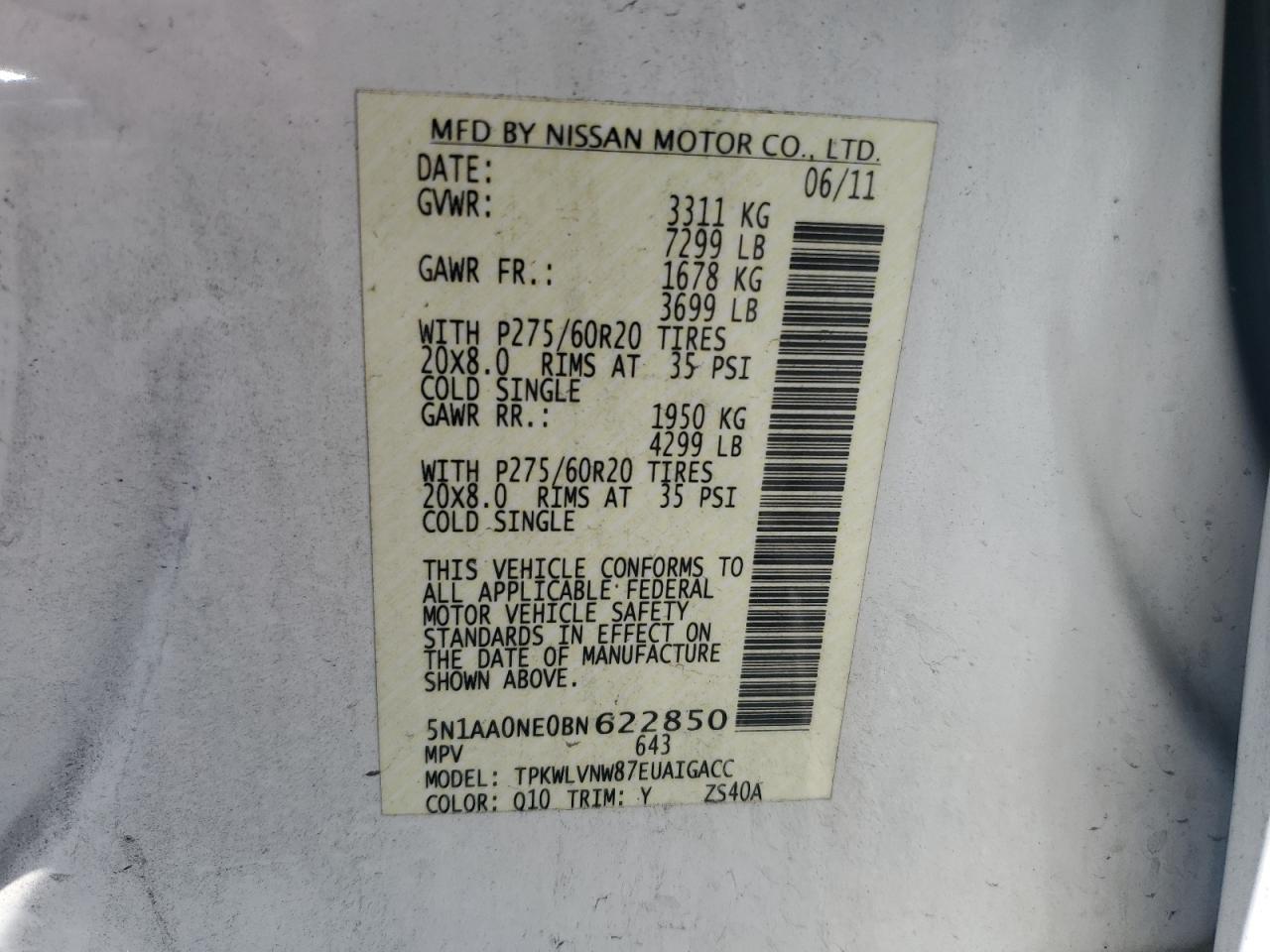 2011 Nissan Armada Platinum VIN: 5N1AA0NE0BN622850 Lot: 63420315
