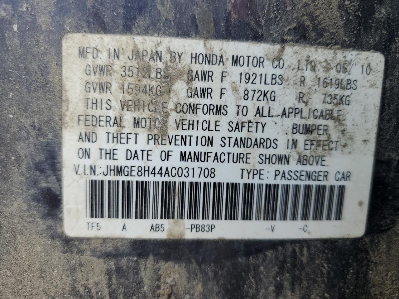 2010 Honda Fit Sport VIN: JHMGE8H44AC031708 Lot: 63940915