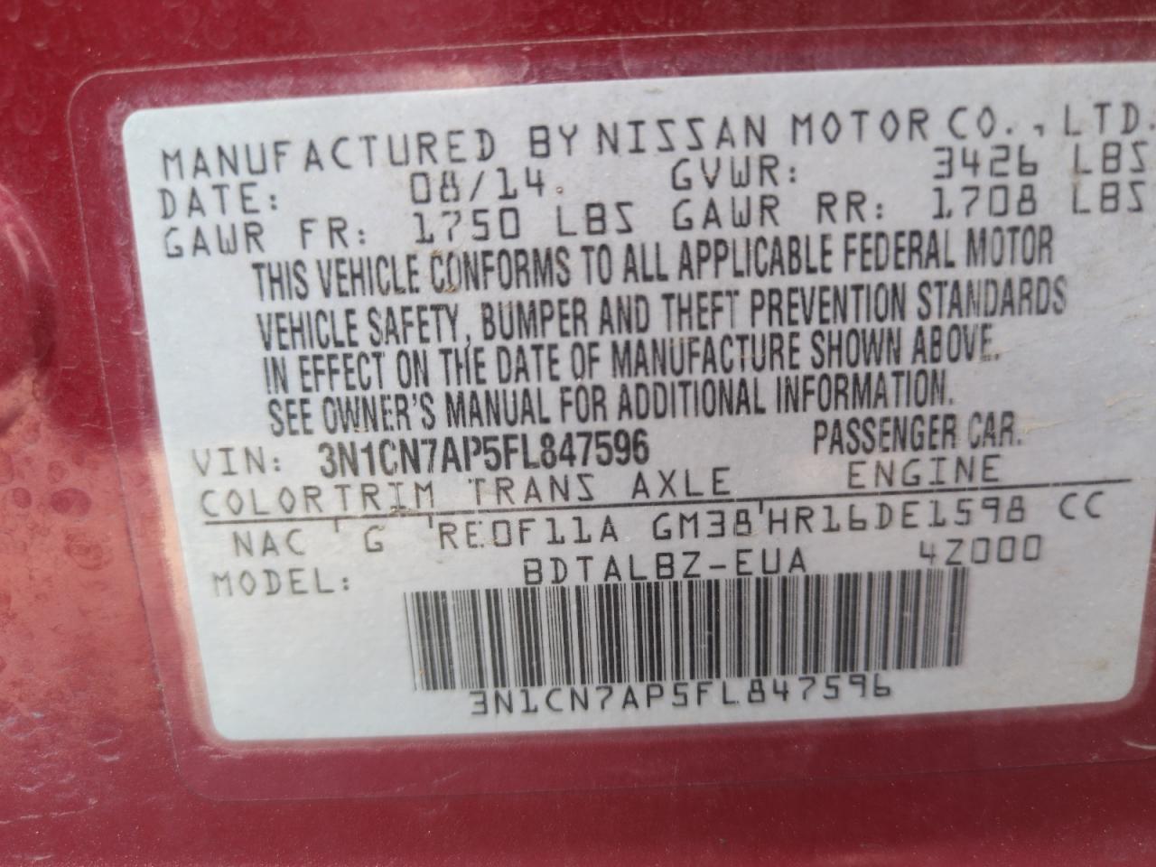 2015 Nissan Versa S VIN: 3N1CN7AP5FL847596 Lot: 62873965