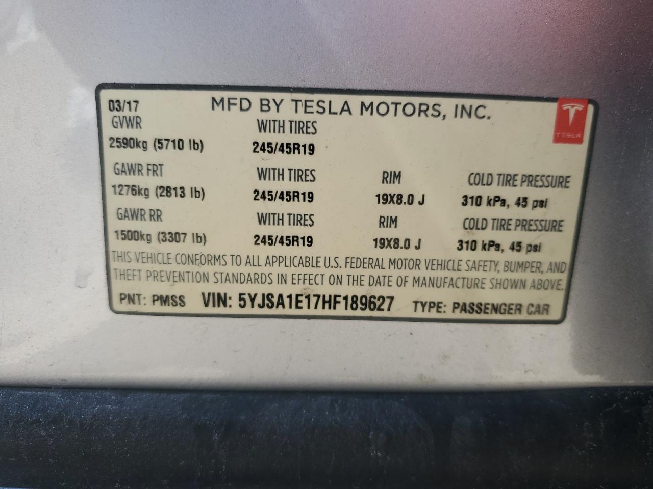2017 Tesla Model S VIN: 5YJSA1E17HF189627 Lot: 64454635