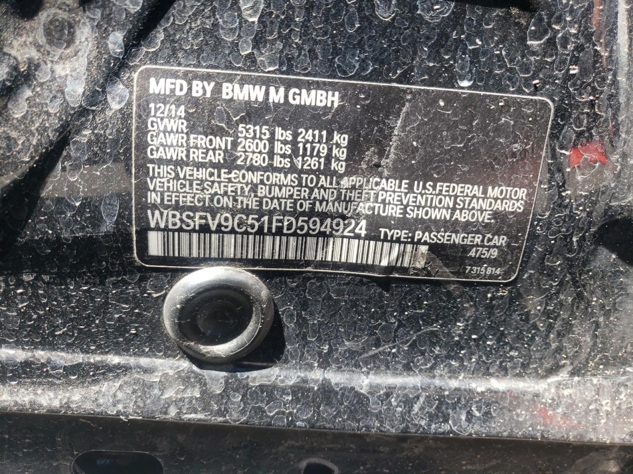 2015 BMW M5 VIN: WBSFV9C51FD594924 Lot: 64264635