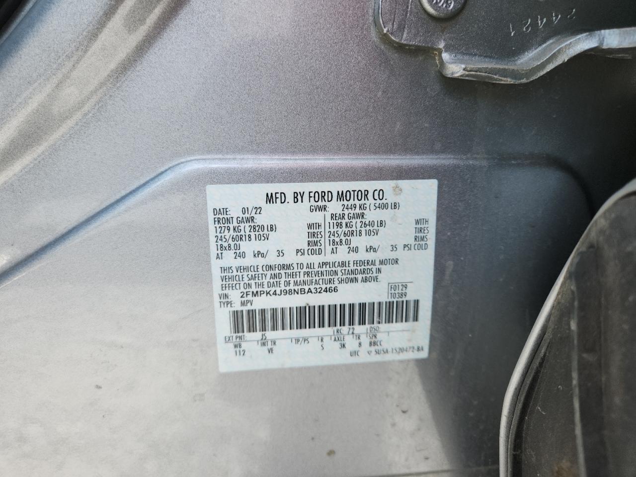 2022 Ford Edge Sel VIN: 2FMPK4J98NBA32466 Lot: 64036105