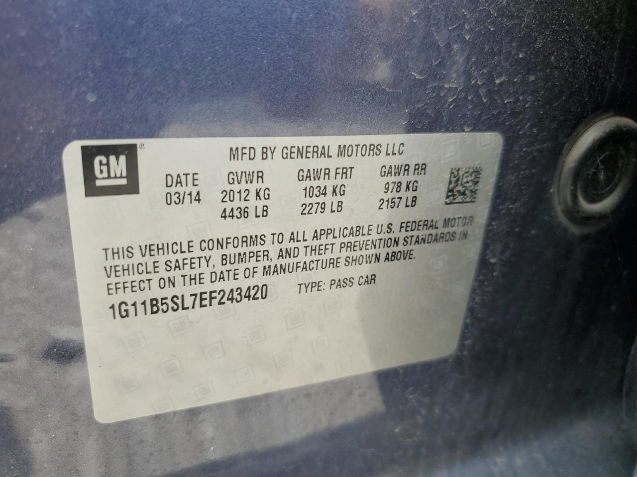 2014 Chevrolet Malibu Ls VIN: 1G11B5SL7EF243420 Lot: 63324855