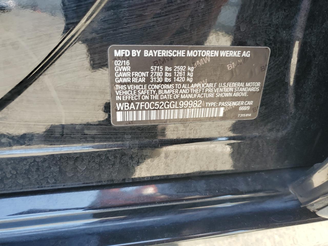2016 BMW 750 I VIN: WBA7F0C52GGL99982 Lot: 64069775