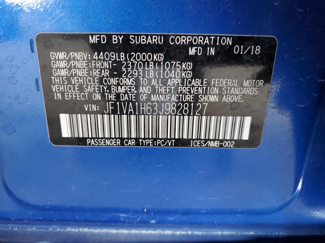 2018 Subaru Wrx Limited VIN: JF1VA1H63J9828127 Lot: 65129125