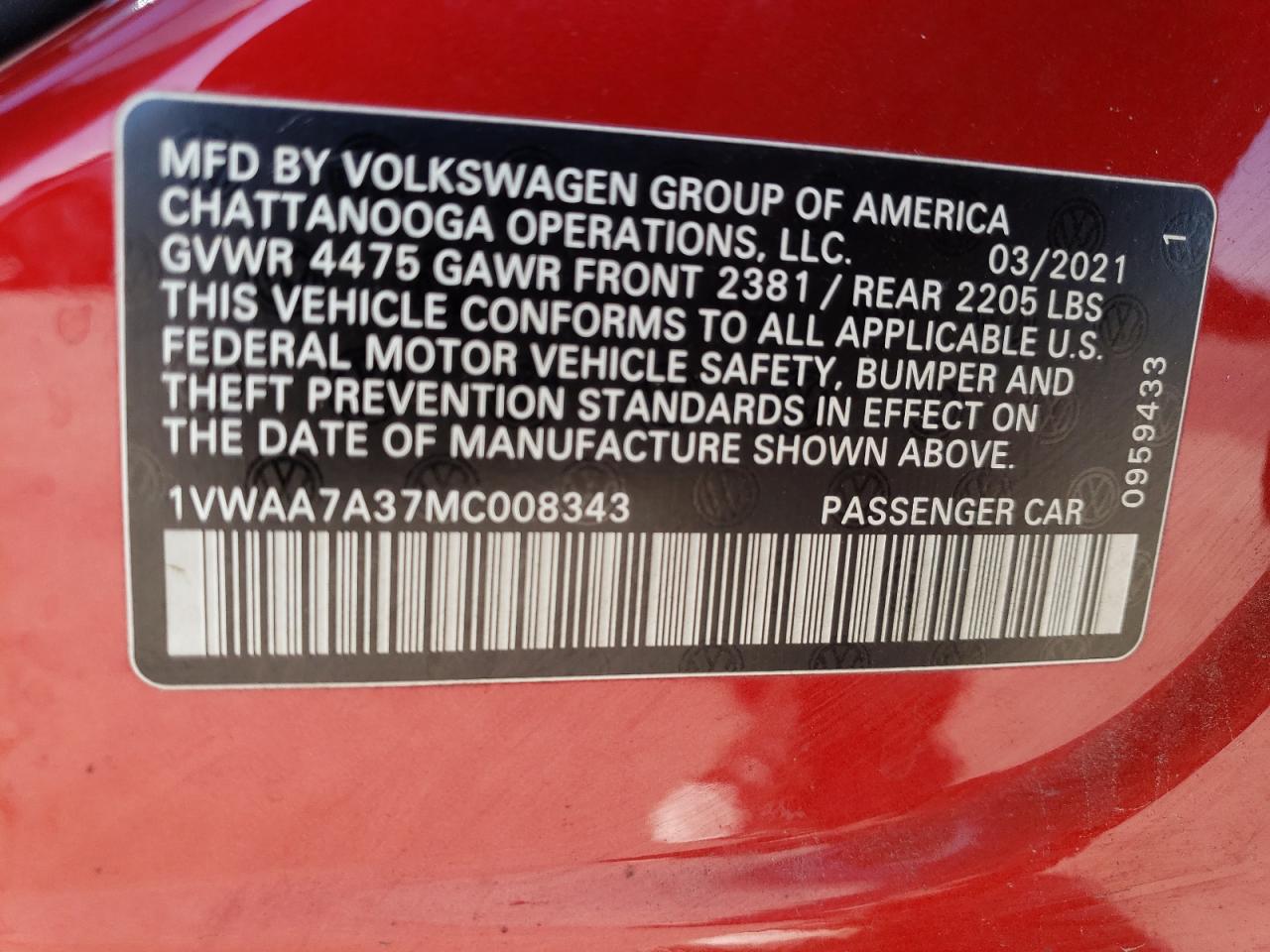2021 Volkswagen Passat S VIN: 1VWAA7A37MC008343 Lot: 63030985