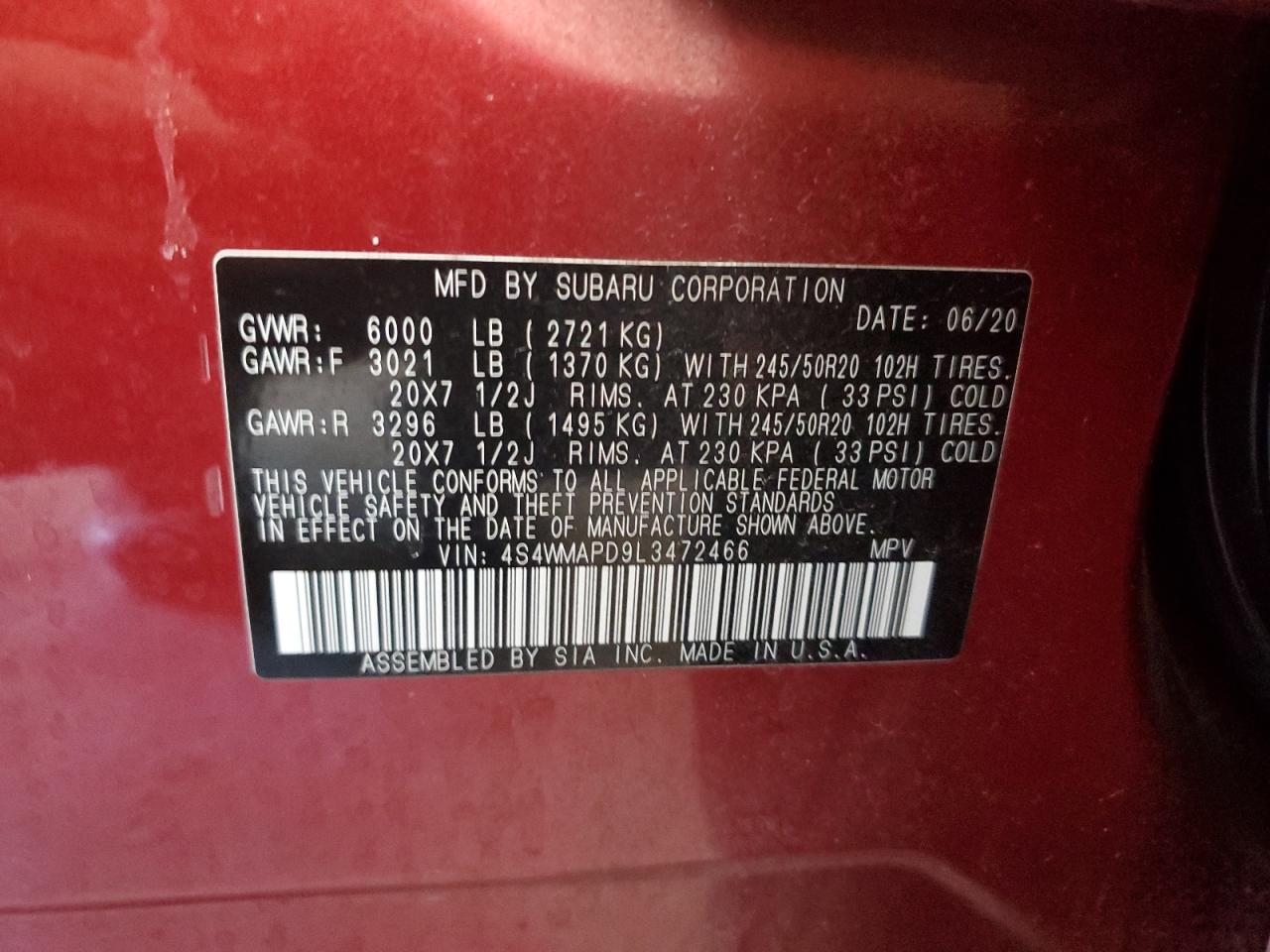 4s4wmapd9l3472466 4S4WMAPD9L3472466 2020 Subaru Ascent Limited