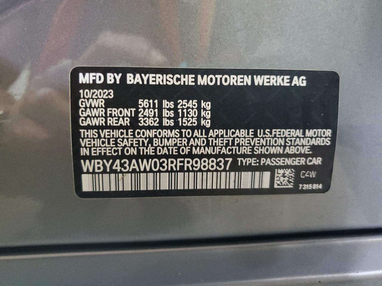 2024 BMW I4 Edrive 35 VIN: WBY43AW03RFR98837 Lot: 64065385