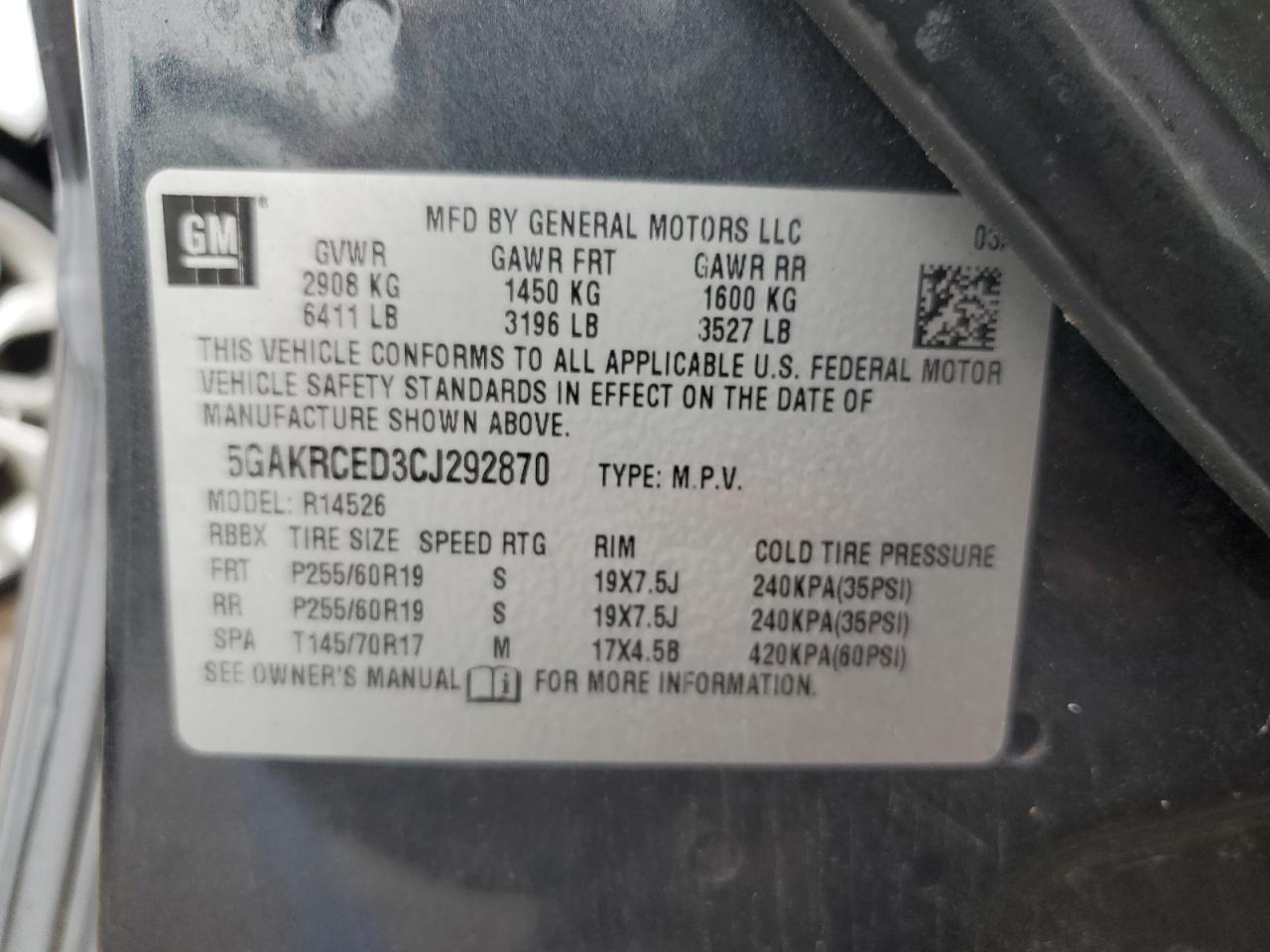 2012 Buick Enclave VIN: 5GAKRCED3CJ292870 Lot: 66276305