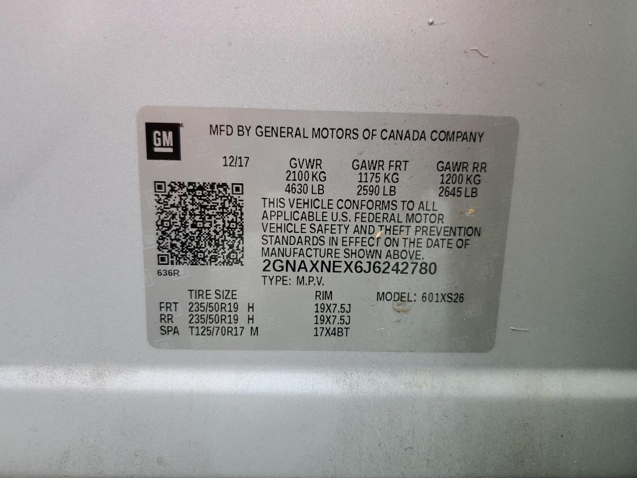 2018 Chevrolet Equinox Premier VIN: 2GNAXNEX6J6242780 Lot: 65119565