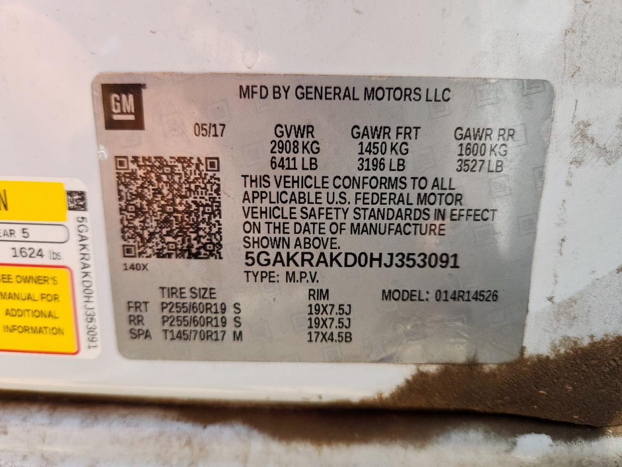 2017 Buick Enclave VIN: 5GAKRAKD0HJ353091 Lot: 63609375
