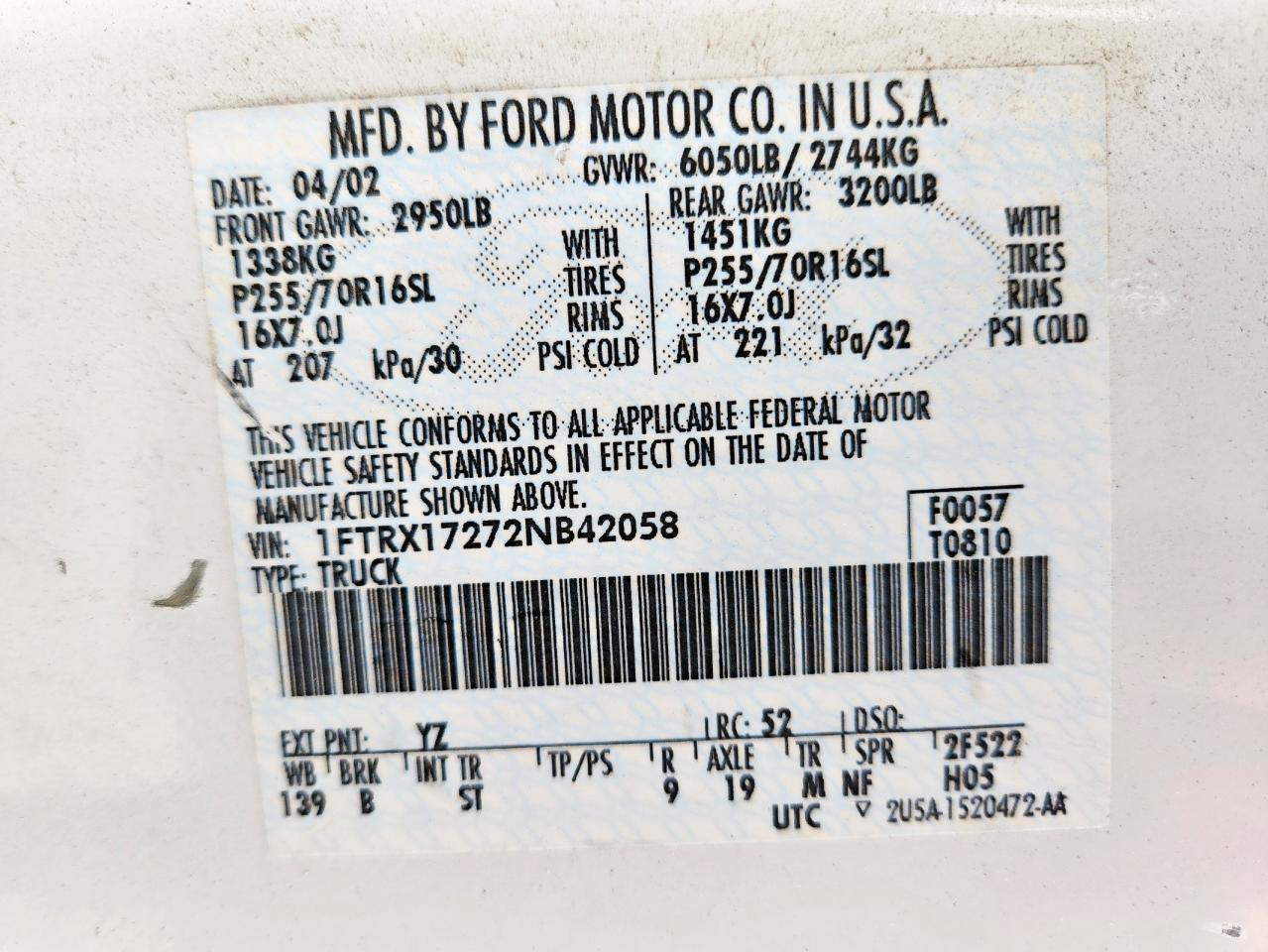 2002 Ford F150 VIN: 1FTRX17272NB42058 Lot: 64602875