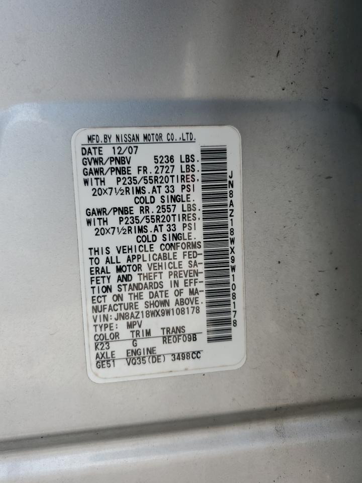 2009 Nissan Murano S VIN: JN8AZ18WX9W108178 Lot: 66948535