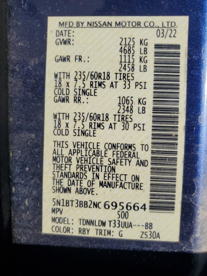 2022 Nissan Rogue Sv VIN: 5N1BT3BB2NC695664 Lot: 64990855