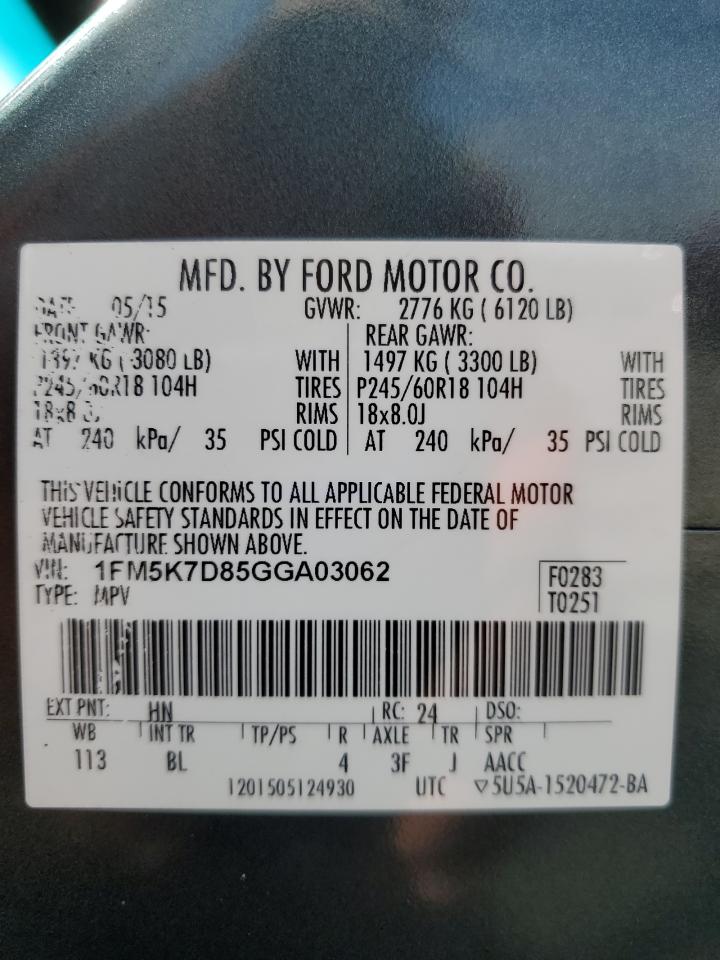 2016 Ford Explorer Xlt VIN: 1FM5K7D85GGA03062 Lot: 63503485