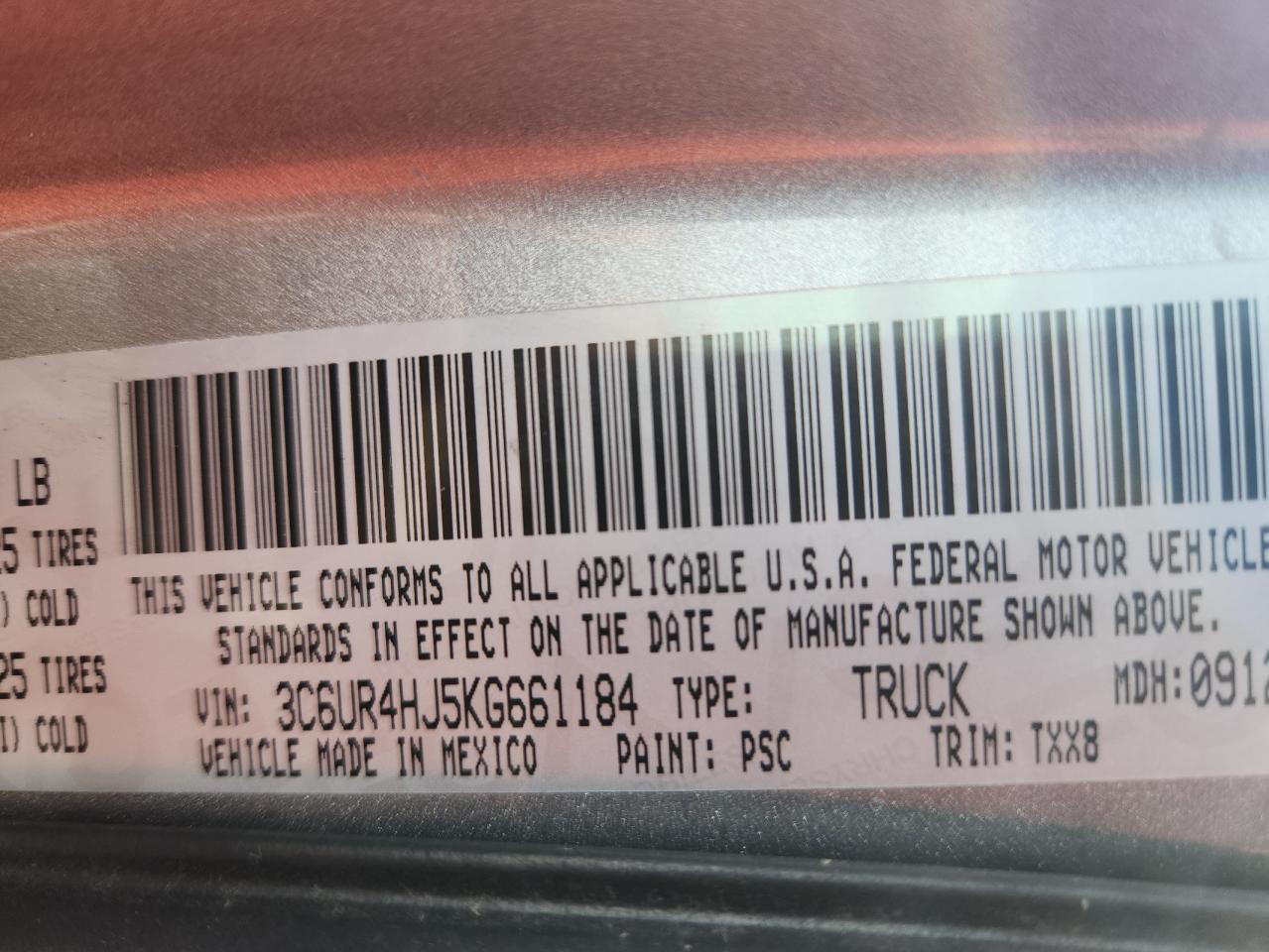2019 Ram 2500 Tradesman VIN: 3C6UR4HJ5KG661184 Lot: 64218345