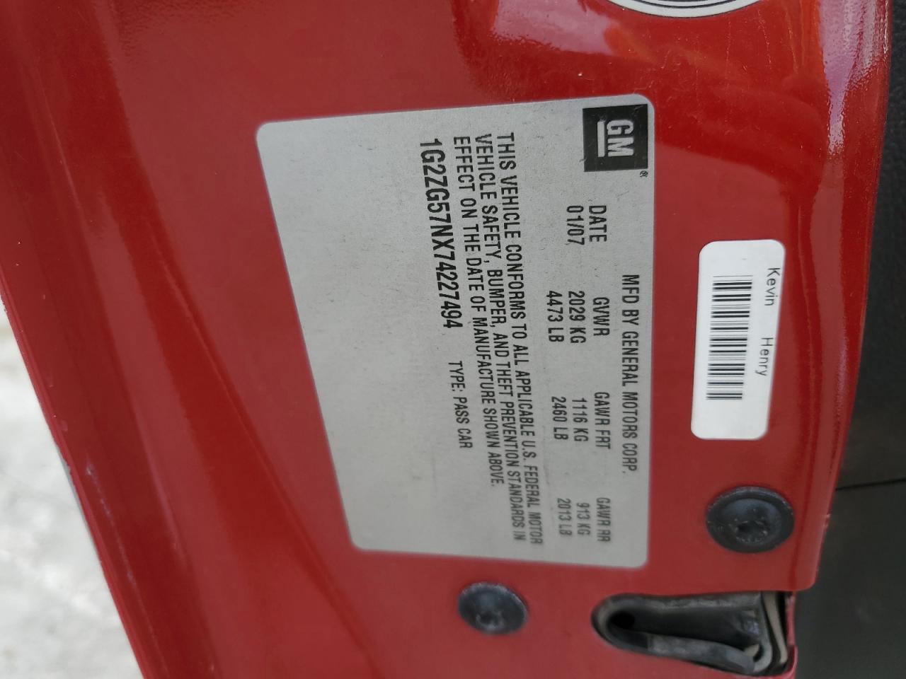 2007 Pontiac G6 Base VIN: 1G2ZG57NX74227494 Lot: 65247015