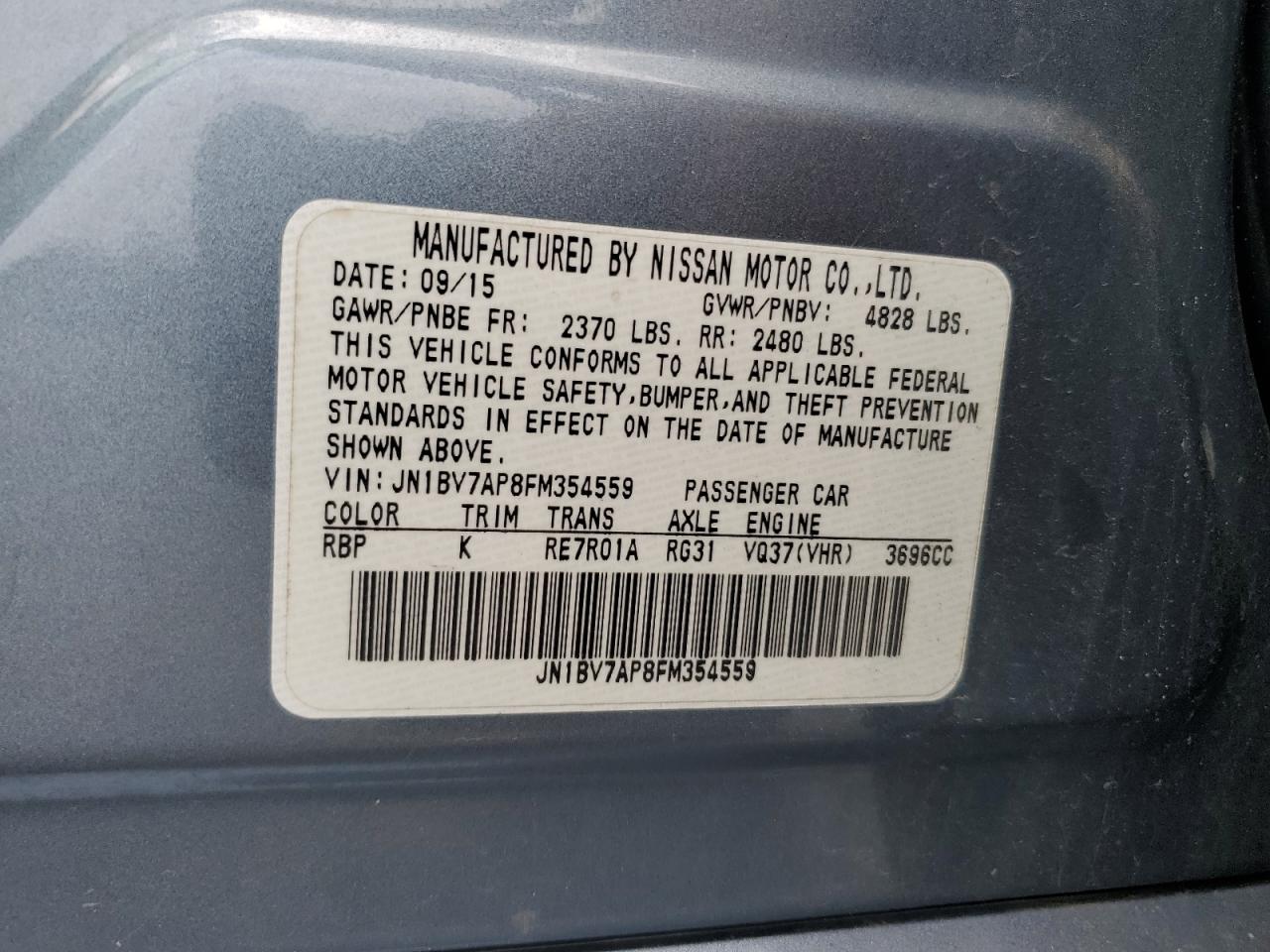 2015 Infiniti Q50 Base VIN: JN1BV7AP8FM354559 Lot: 62567005