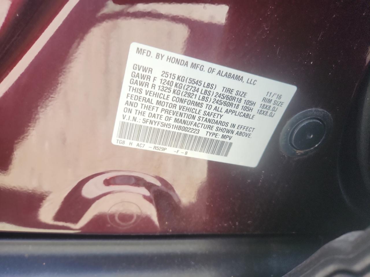 2017 Honda Pilot Exl VIN: 5FNYF5H51HB002223 Lot: 64611635