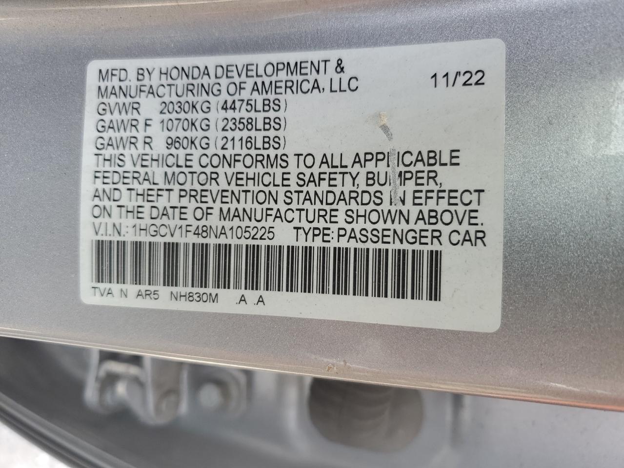 2022 Honda Accord Sport Se VIN: 1HGCV1F48NA105225 Lot: 63526605