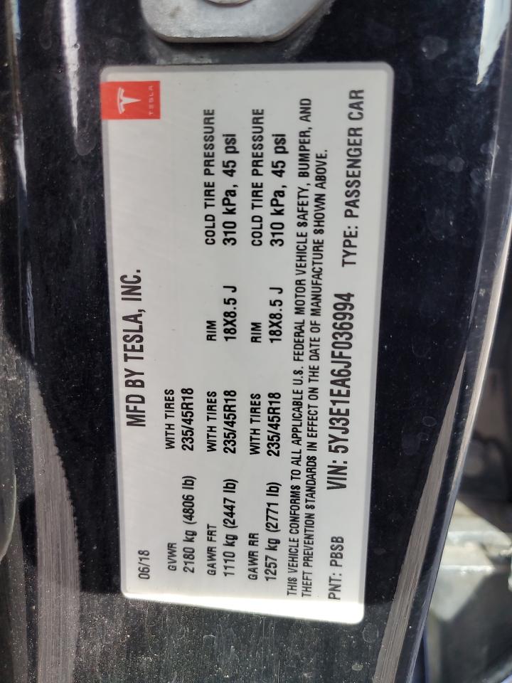 2018 Tesla Model 3 VIN: 5YJ3E1EA6JF036994 Lot: 64378805