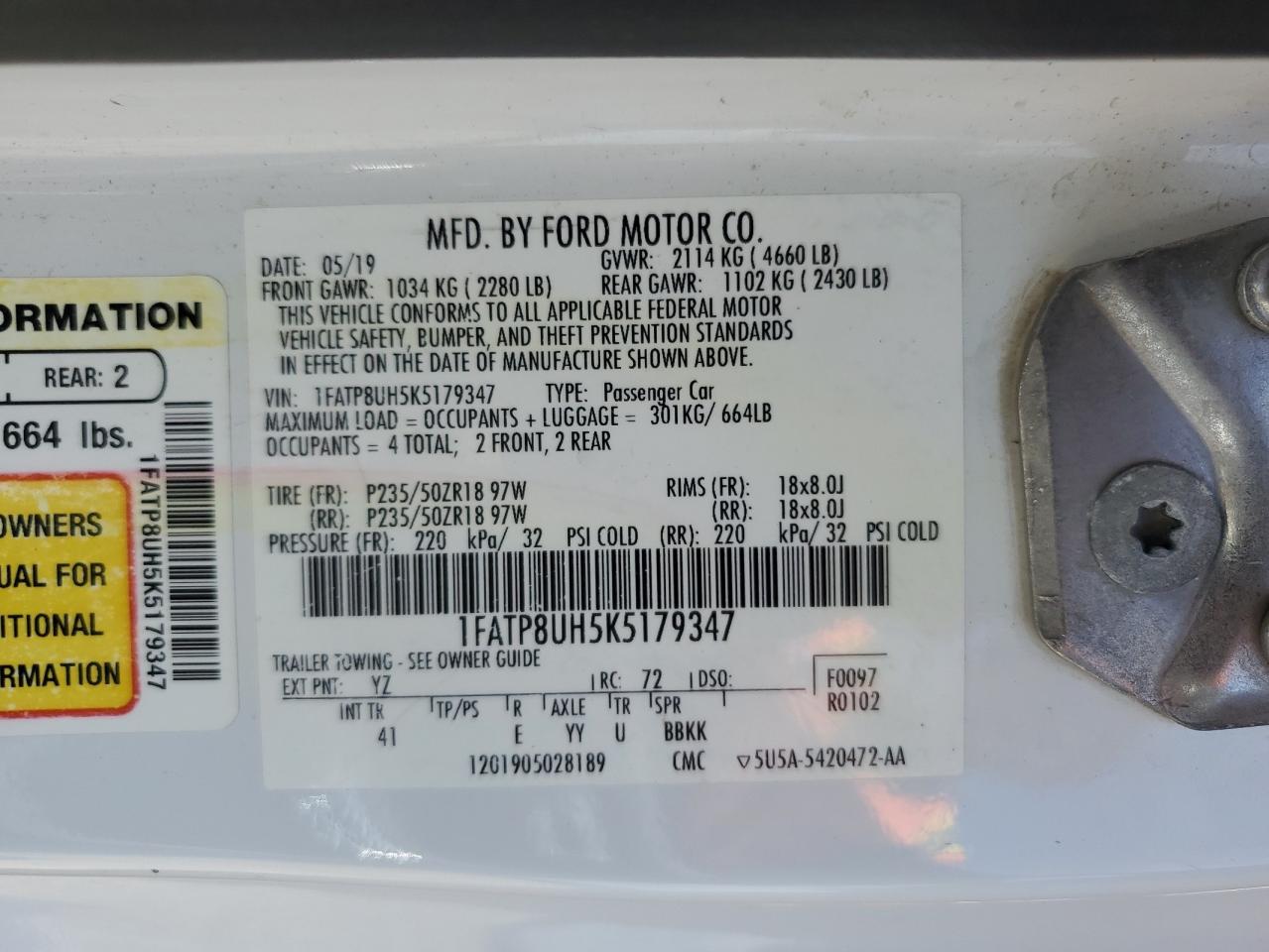 2019 Ford Mustang VIN: 1FATP8UH5K5179347 Lot: 64939955