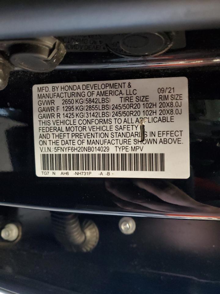 2022 Honda Pilot Se VIN: 5FNYF6H20NB014029 Lot: 65956085