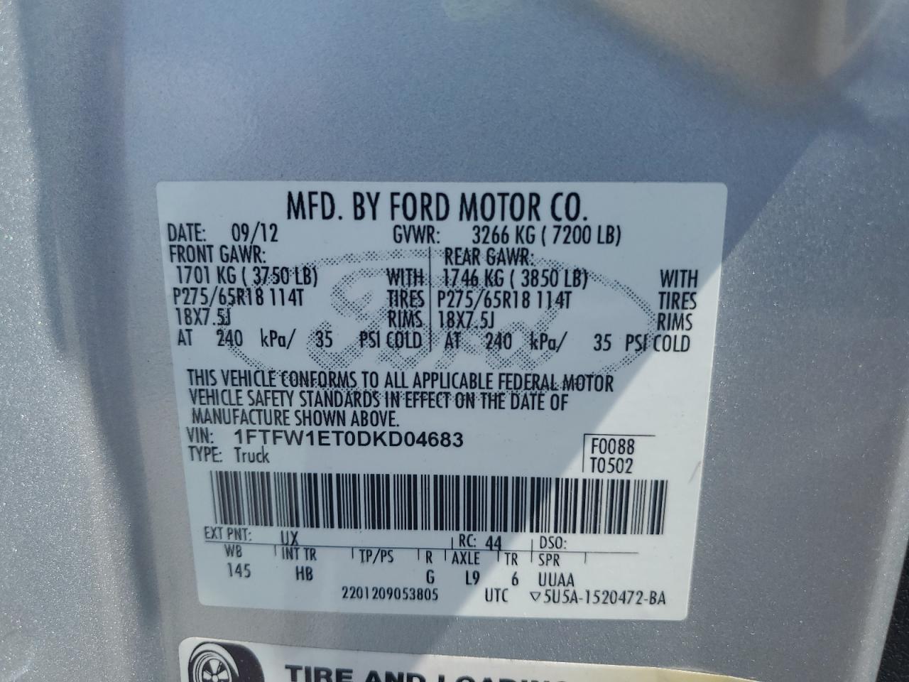 2012 Ford F150 Supercrew VIN: 1FTFW1ET0DKD04683 Lot: 64959495