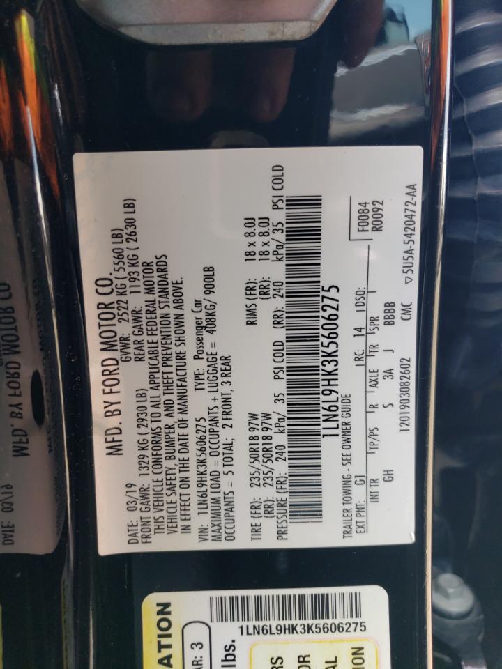 2019 Lincoln Continental VIN: 1LN6L9HK3K5606275 Lot: 67012995