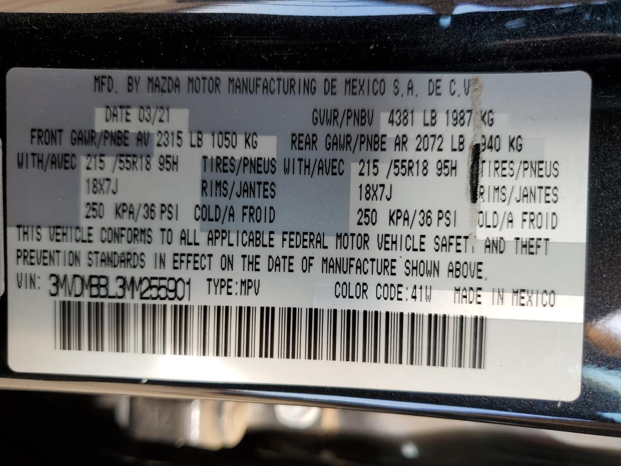 2021 Mazda Cx-30 Select VIN: 3MVDMBBL3MM255901 Lot: 60652025