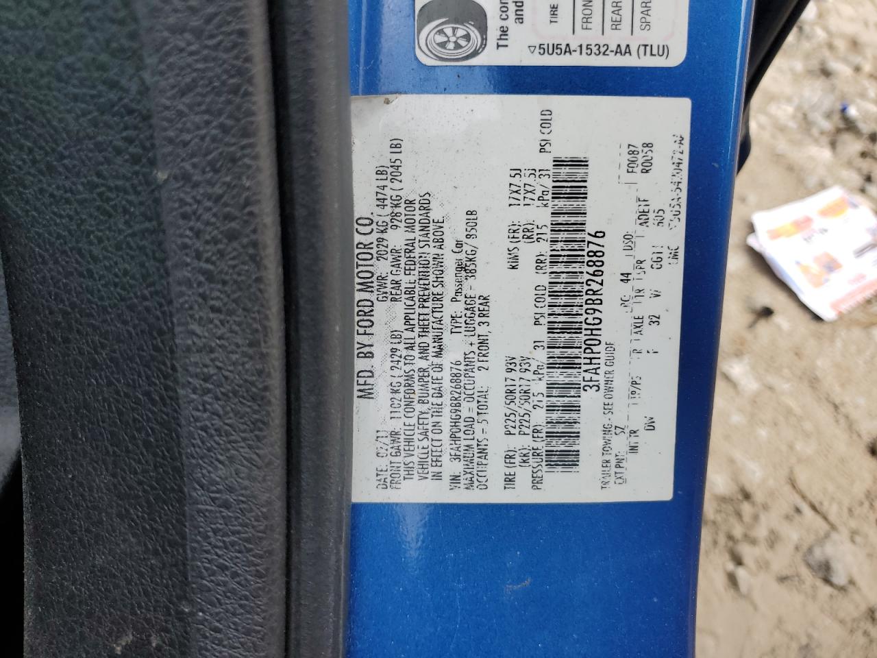 2011 Ford Fusion Se VIN: 3FAHP0HG9BR268876 Lot: 65598945