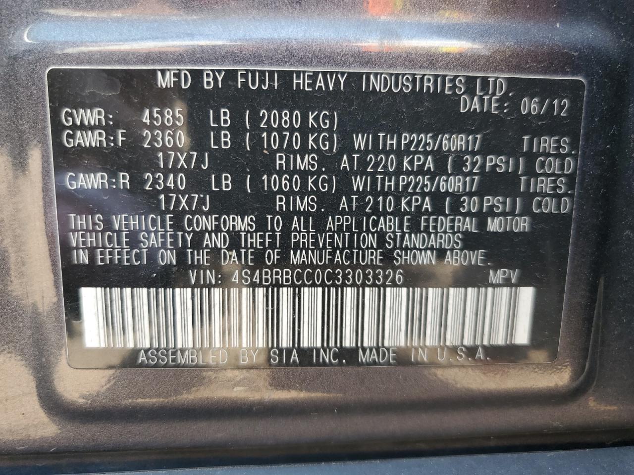 2012 Subaru Outback 2.5I Premium VIN: 4S4BRBCC0C3303326 Lot: 66821225