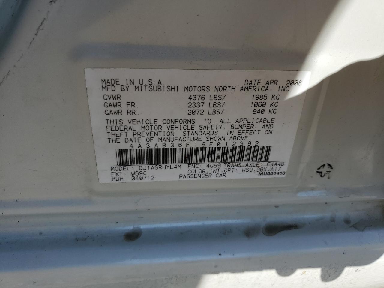 2009 Mitsubishi Galant Es VIN: 4A3AB36F19E012392 Lot: 66452465