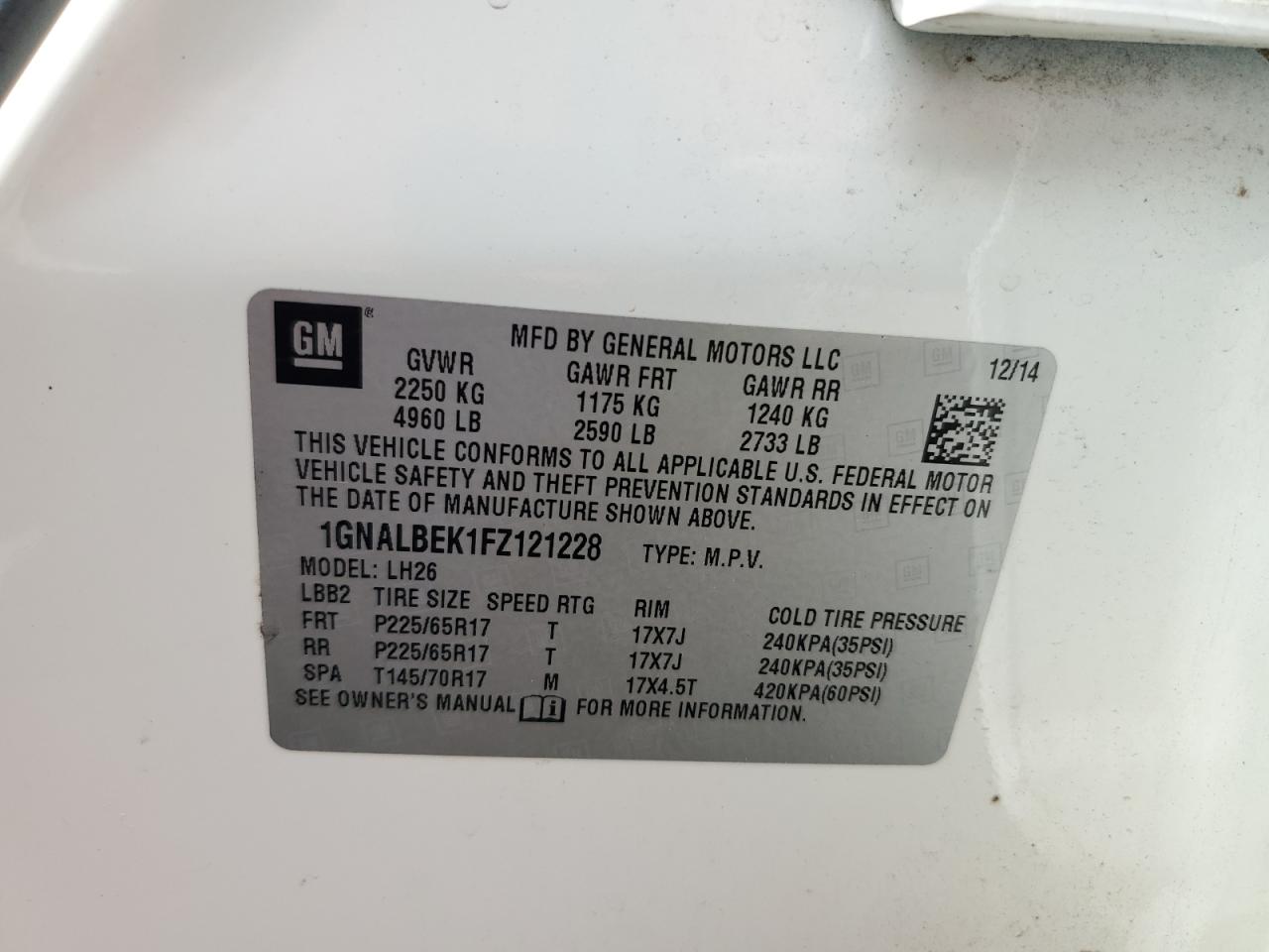 2015 Chevrolet Equinox Lt VIN: 1GNALBEK1FZ121228 Lot: 64825045