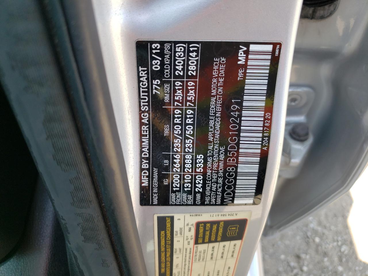 2013 Mercedes-Benz Glk 350 4Matic VIN: WDCGG8JB5DG102491 Lot: 62673235