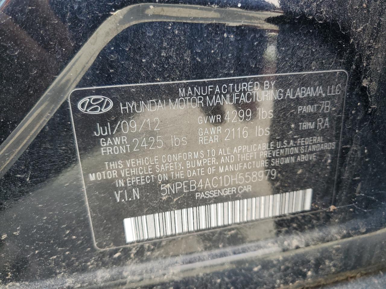 2013 Hyundai Sonata Gls VIN: 5NPEB4AC1DH558979 Lot: 64269805