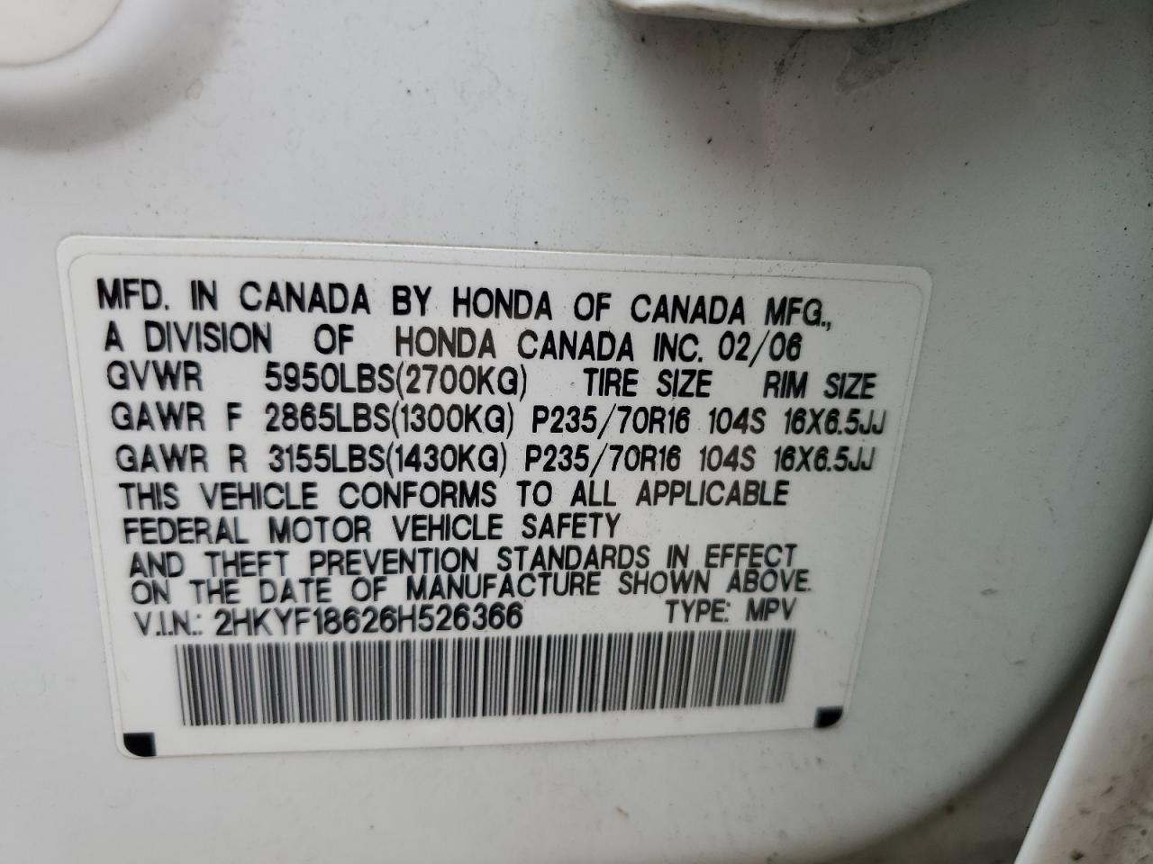 2006 Honda Pilot Ex VIN: 2HKYF18626H526366 Lot: 64123375