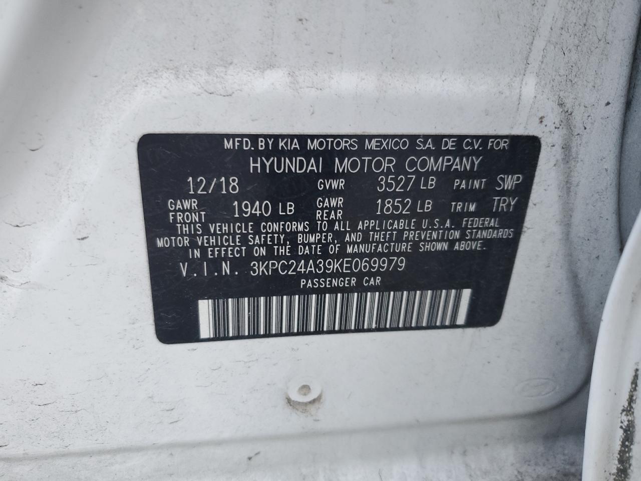 2019 Hyundai Accent Se VIN: 3KPC24A39KE069979 Lot: 65578655