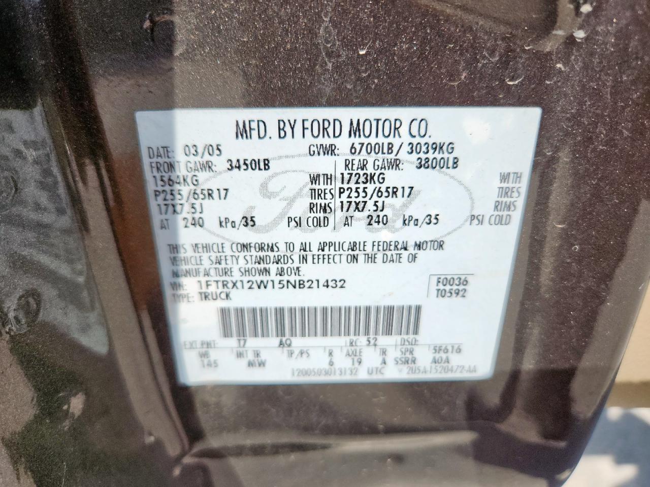 2005 Ford F150 VIN: 1FTRX12W15NB21432 Lot: 63499995