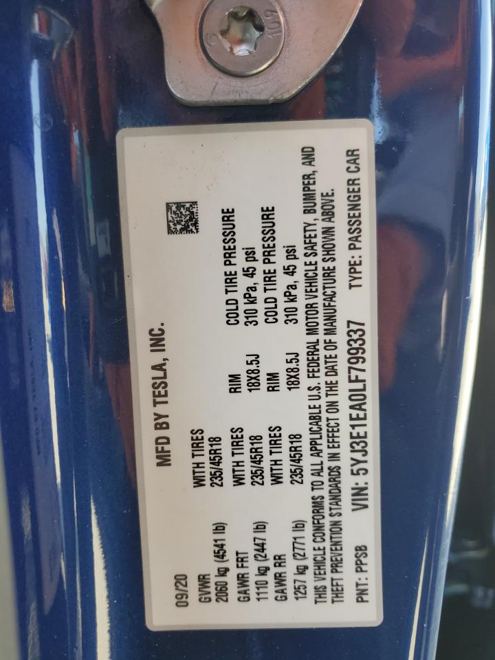2020 Tesla Model 3 VIN: 5YJ3E1EA0LF799337 Lot: 65257675