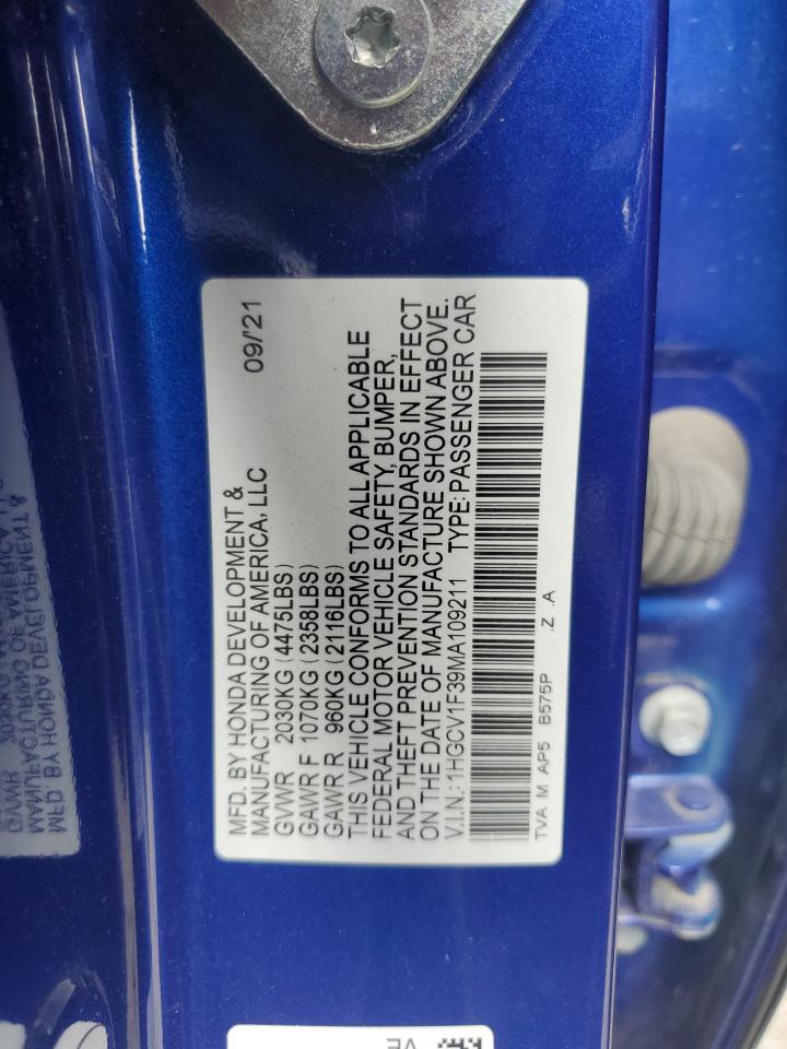 2021 Honda Accord Sport VIN: 1HGCV1F39MA109211 Lot: 64032895